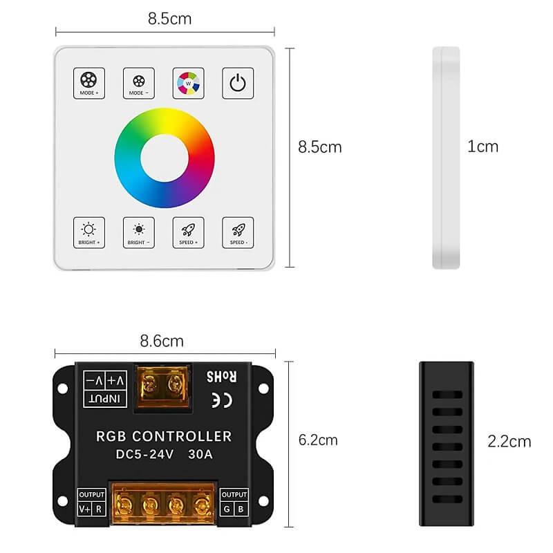 размери на RF кключ и RGB лед контролер