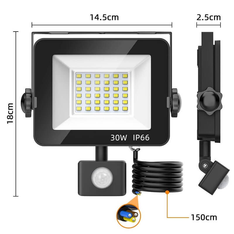 размер на прожектор със сензор за движение 30W
